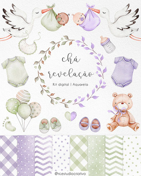 Kit Digital Papéis e Clipparts Chá Revelação Verde e Lilás - Ni Estudio