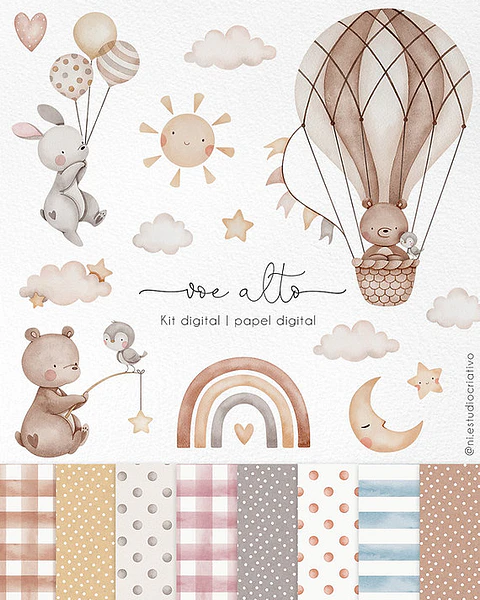  Kit Digital Papéis e Clipparts Voe Alto Bichinhos - Ni Estudio