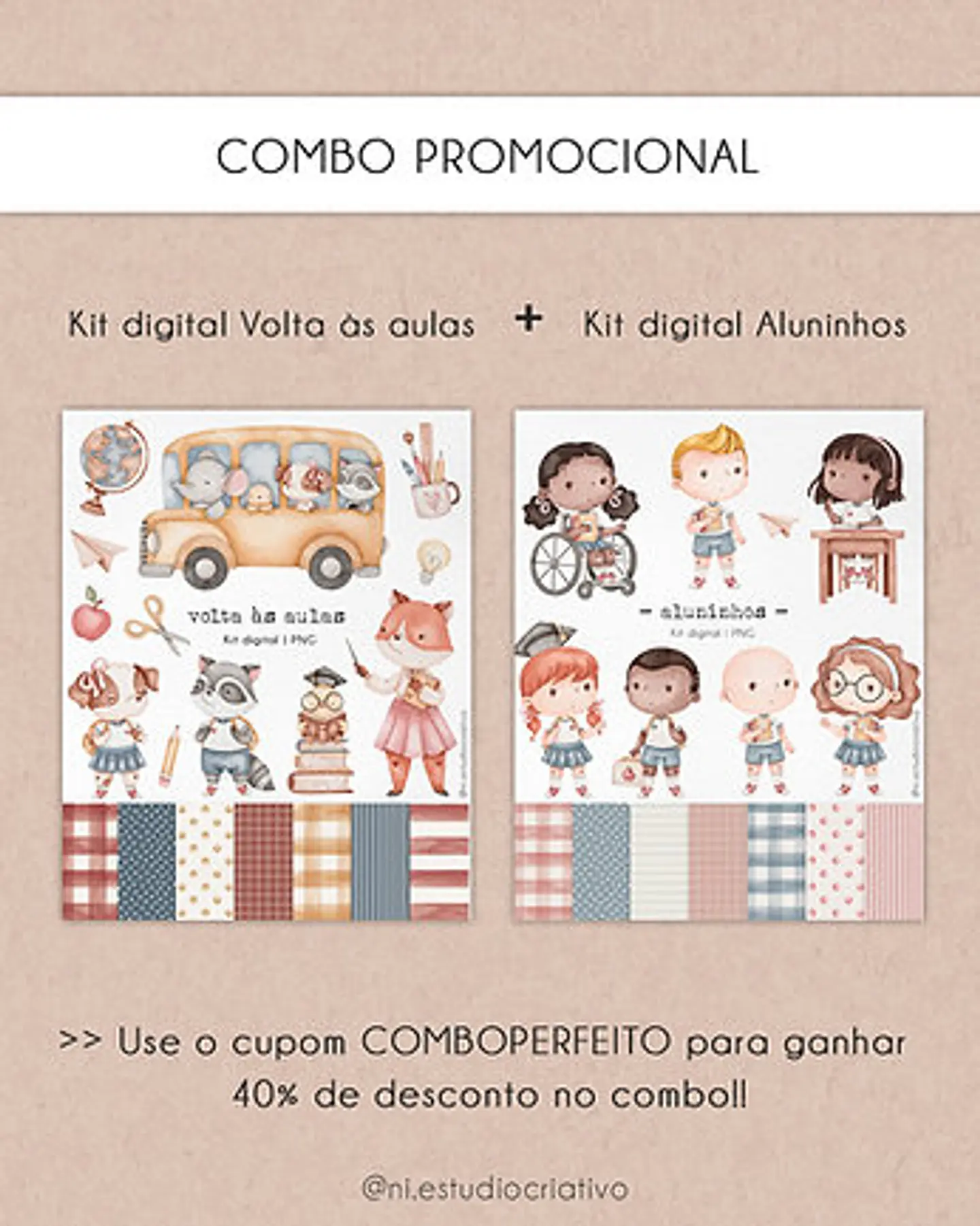 Kit Digital Papéis e Clipparts Volta as Aulas Aluninhos - Ni Estudio 1