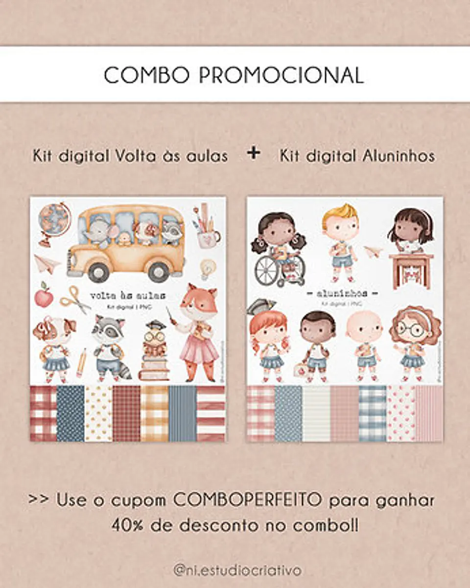 Kit Digital Papéis e Clipparts Volta as Aulas Aluninhos - Ni Estudio 1