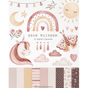 Kit Digital Papéis e Clipparts Arco Iris Boho Aquarela - Ni Estudio