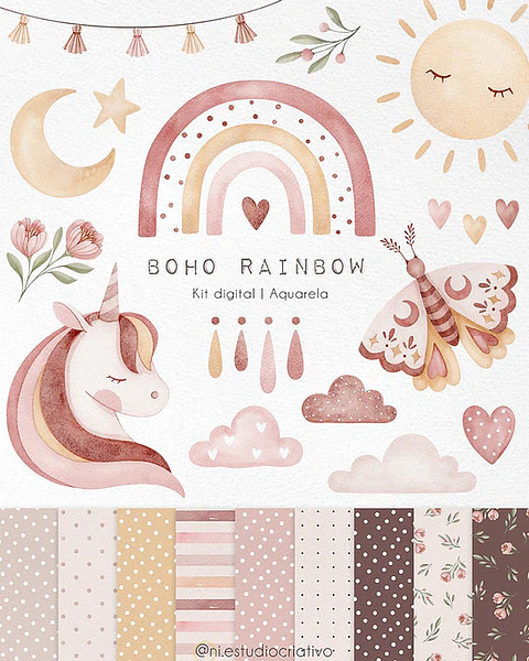 Kit Digital Papéis e Clipparts Arco Iris Boho Aquarela - Ni Estudio