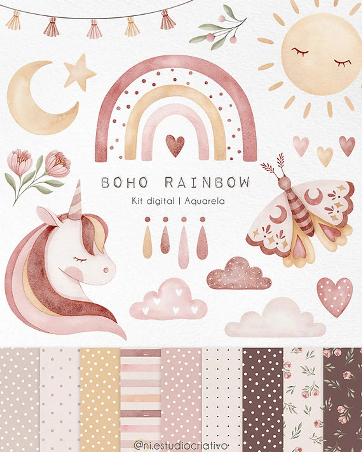 Kit Digital Papéis e Clipparts Arco Iris Boho Aquarela - Ni Estudio 1