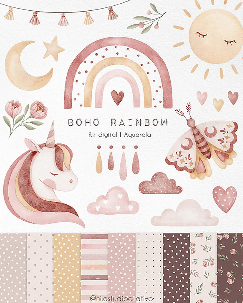 Kit Digital Papéis e Clipparts Arco Iris Boho Aquarela - Ni Estudio 1