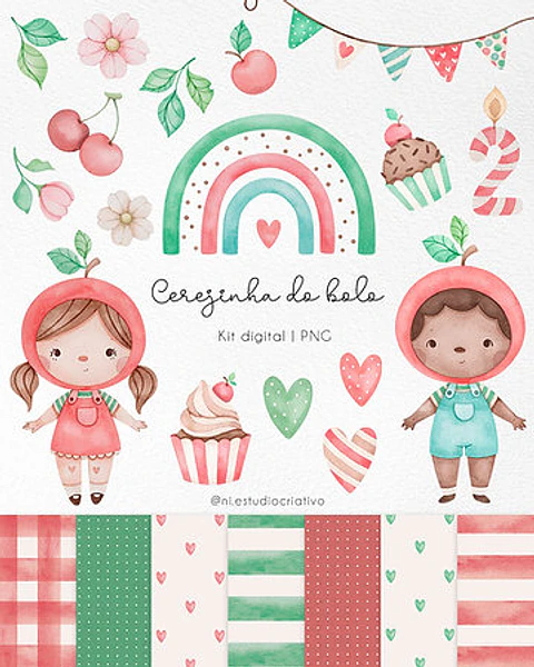  Kit Digital Papéis e Clipparts Cerejinha do Bolo - Ni Estudio