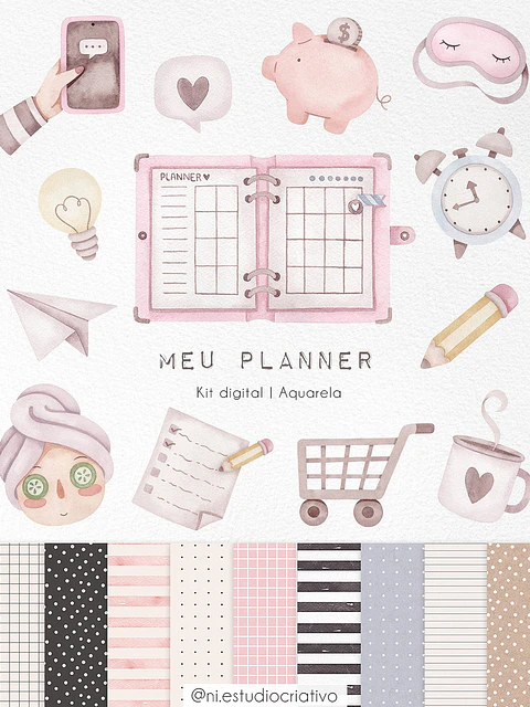  Kit Digital Papéis e Clipparts Meu Planner Aquarela - Ni Estudio