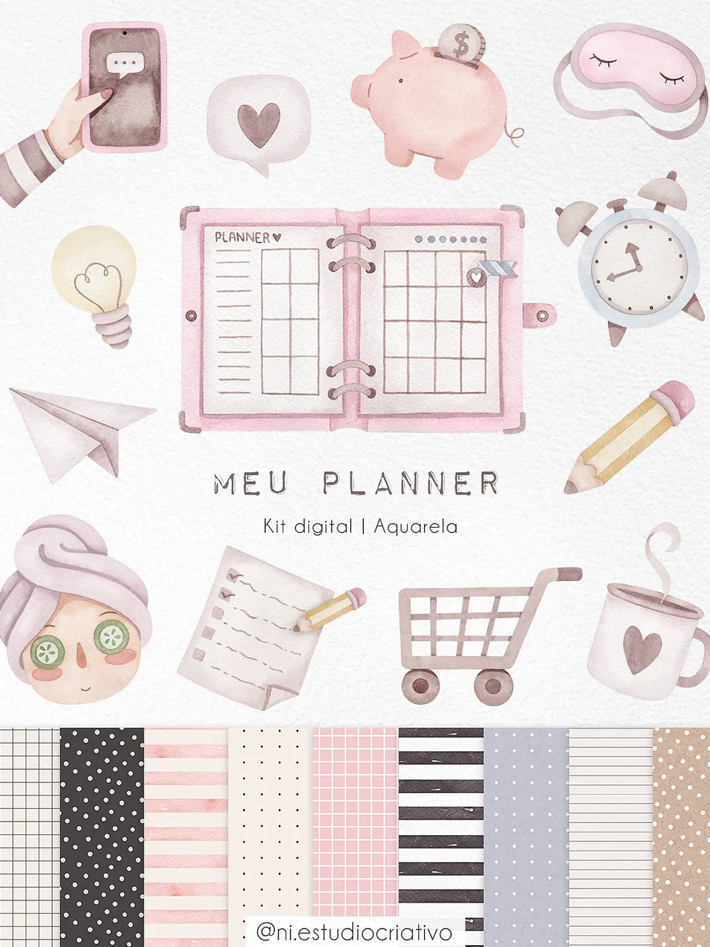  Kit Digital Papéis e Clipparts Meu Planner Aquarela - Ni Estudio 1