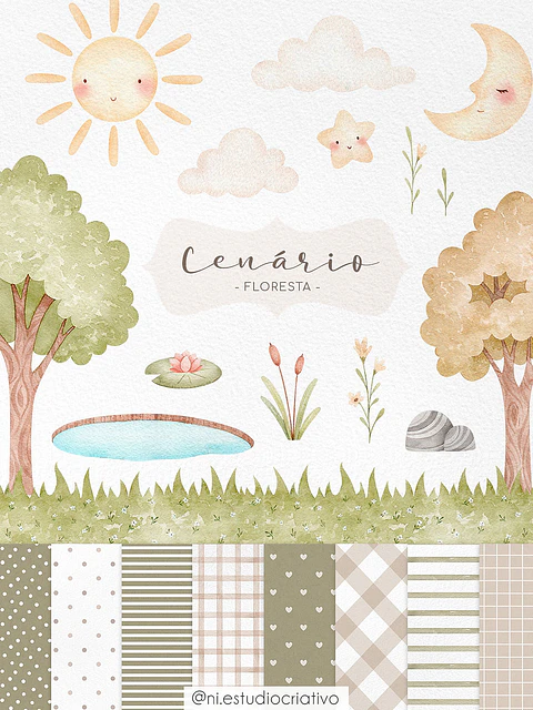 Kit Digital Papéis e Clipparts Cenário Floresta Aquarela - Ni Estudio