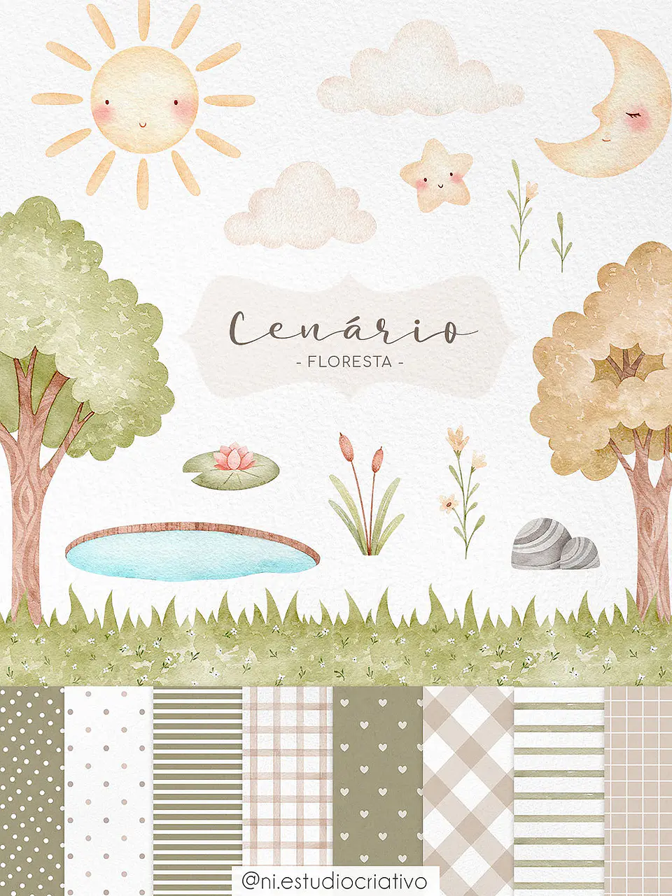Kit Digital Papéis e Clipparts Cenário Floresta Aquarela - Ni Estudio 1