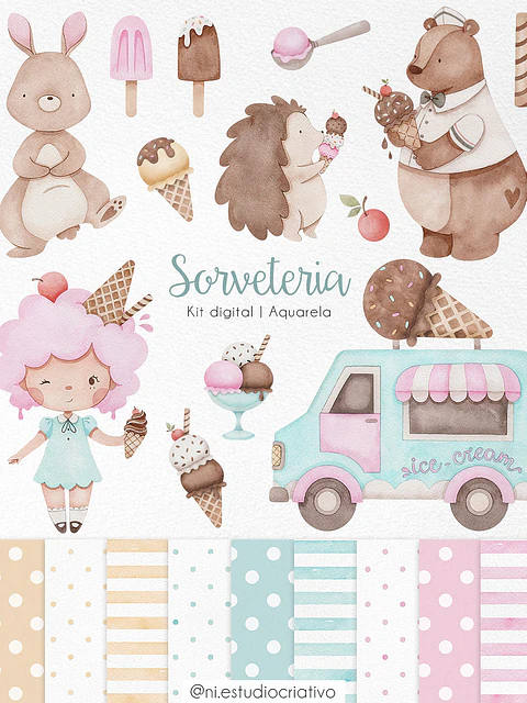  Kit Digital Papéis e Clipparts Sorveteria dos Bichinhos - Ni Estudio