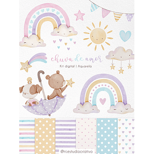  Kit Digital Papéis e Clipparts Aquarela Chuva de Amor - Ni Estudio