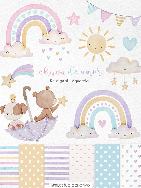  Kit Digital Papéis e Clipparts Aquarela Chuva de Amor - Ni Estudio