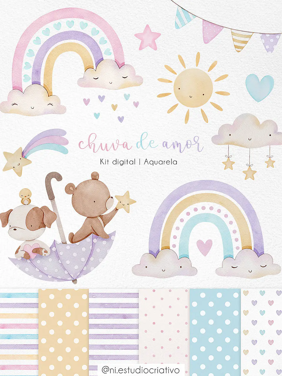  Kit Digital Papéis e Clipparts Aquarela Chuva de Amor - Ni Estudio 1