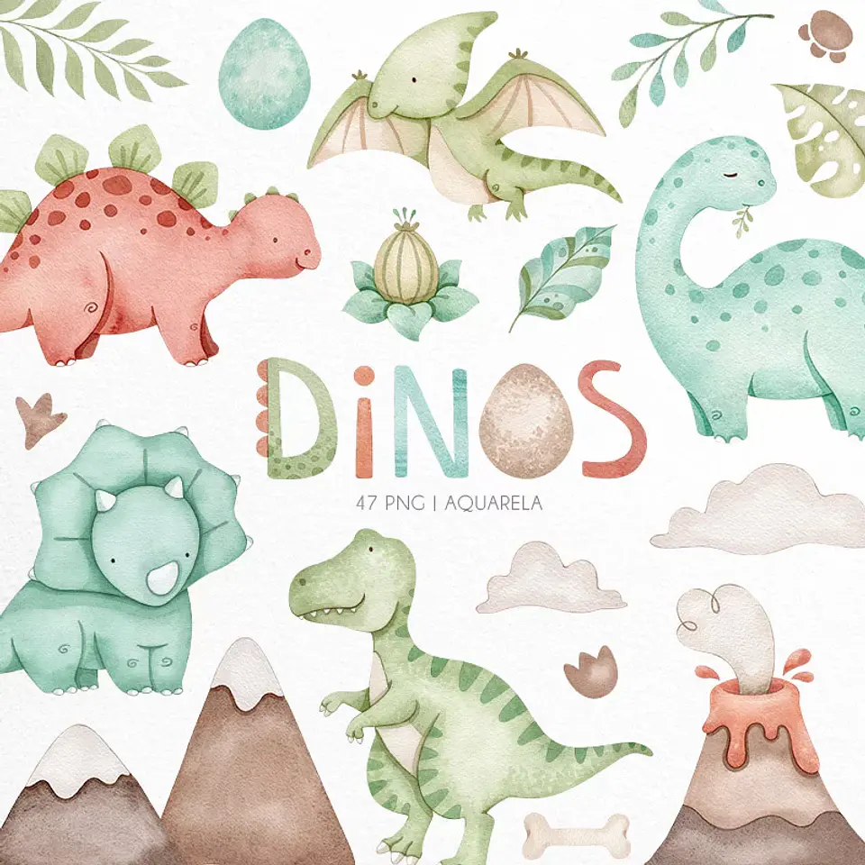 Kit Digital Papéis e Clipparts Dinossauro Aquarela - Ni Estudio 3