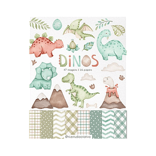 Kit Digital Papéis e Clipparts Dinossauro Aquarela - Ni Estudio