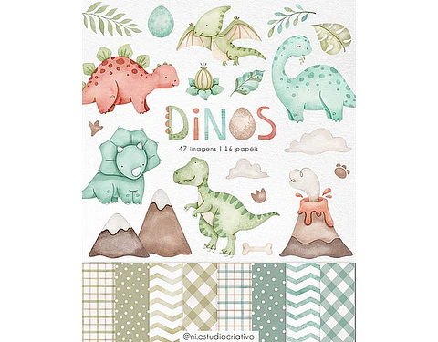 Kit Digital Papéis e Clipparts Dinossauro Aquarela - Ni Estudio