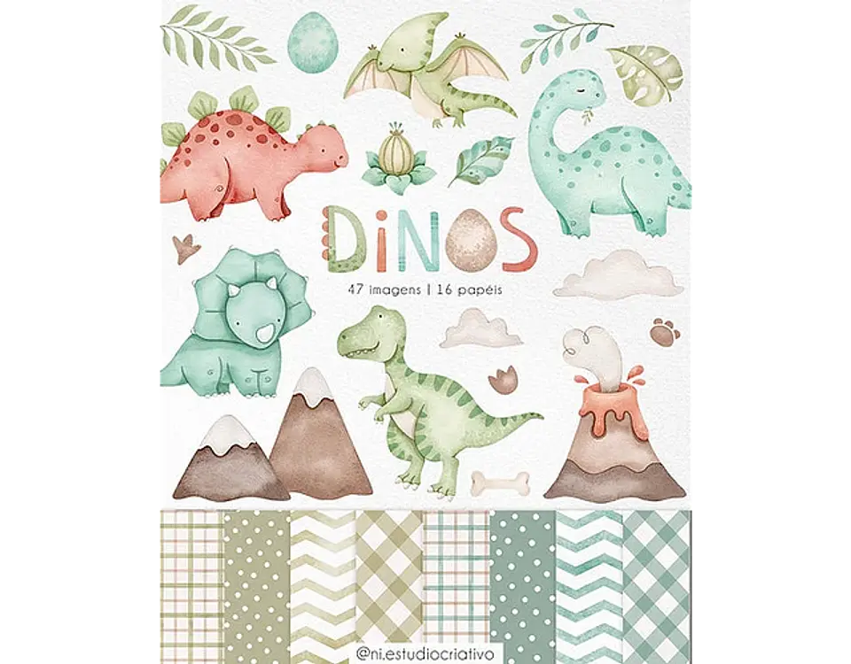 Kit Digital Papéis e Clipparts Dinossauro Aquarela - Ni Estudio 1