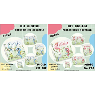 Arquivo Kit Encadernação Baby Passarinhos Aquarela Rosa e Azul - Fuxicando com Arte