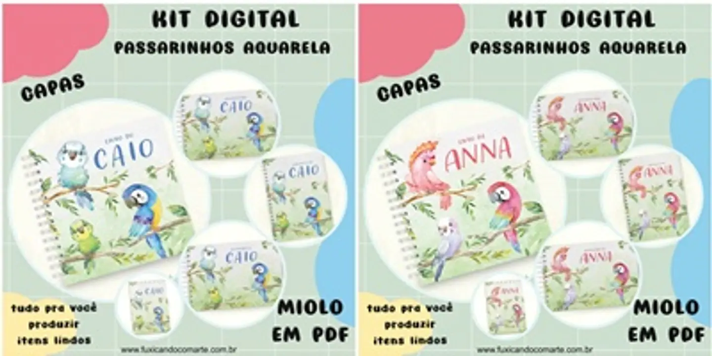 Arquivo Kit Encadernação Baby Passarinhos Aquarela Rosa e Azul - Fuxicando com Arte 1