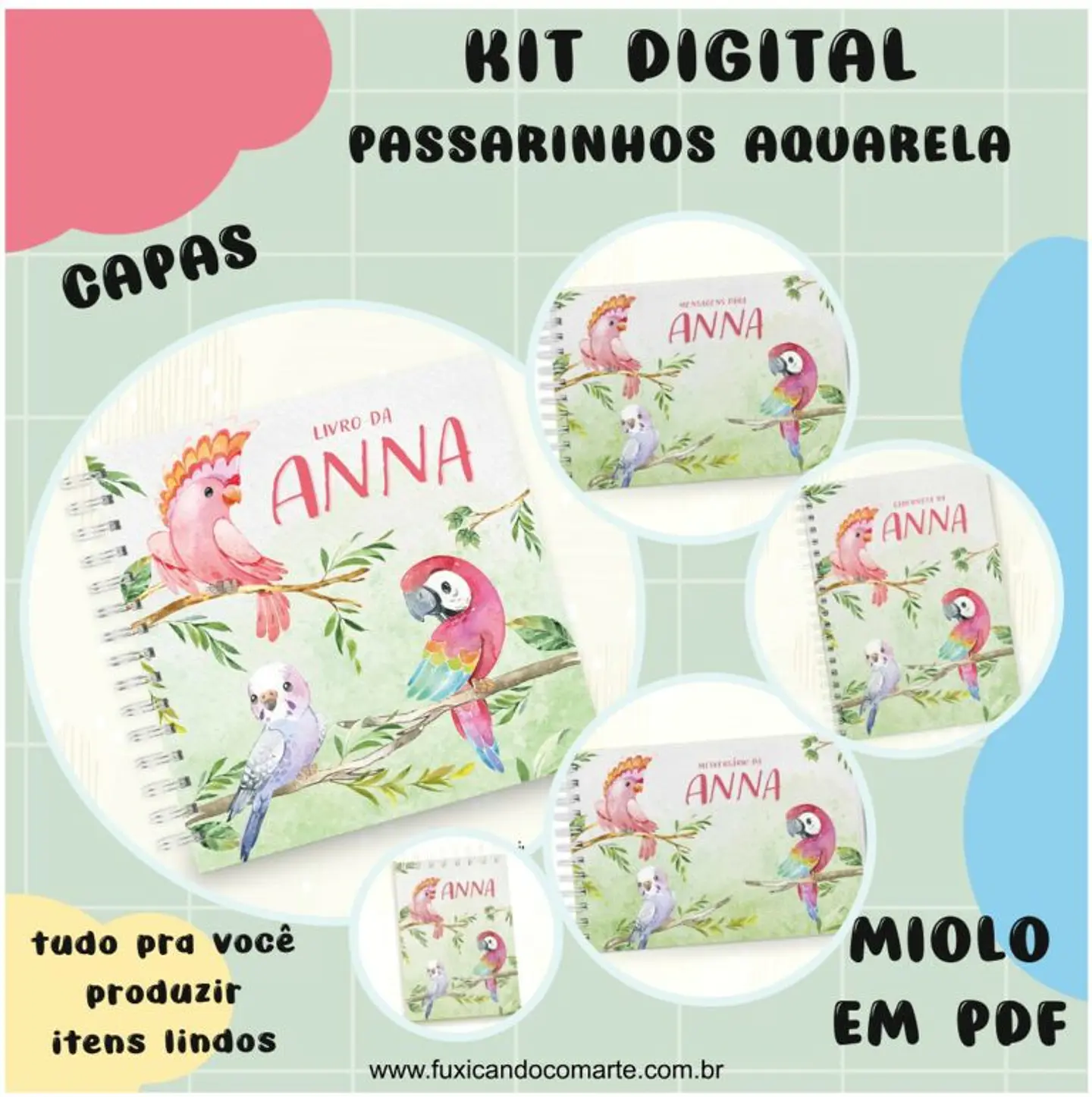 Arquivo Kit Encadernação Baby Passarinhos Aquarela Rosa e Azul - Fuxicando com Arte 2