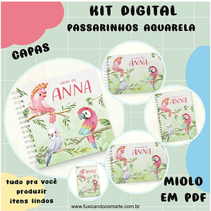 Arquivo Kit Encadernação Baby Passarinhos Aquarela Rosa e Azul - Fuxicando com Arte