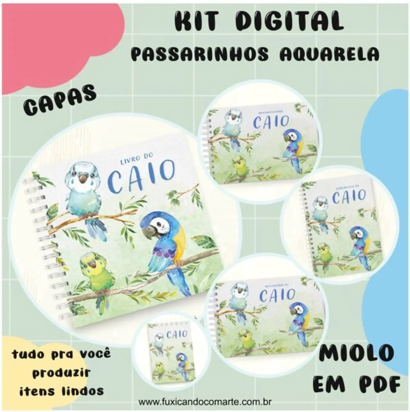 Arquivo Kit Encadernação Baby Passarinhos Aquarela Rosa e Azul - Fuxicando com Arte 3