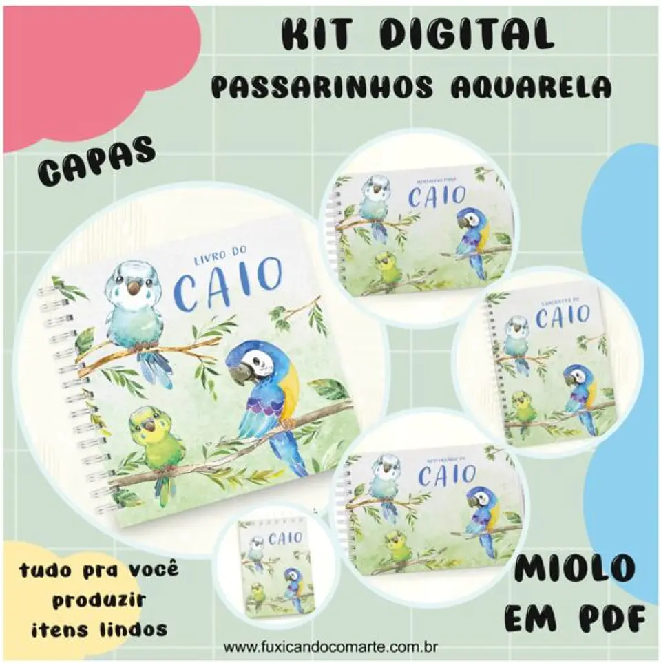 Arquivo Kit Encadernação Baby Passarinhos Aquarela Rosa e Azul - Fuxicando com Arte 3