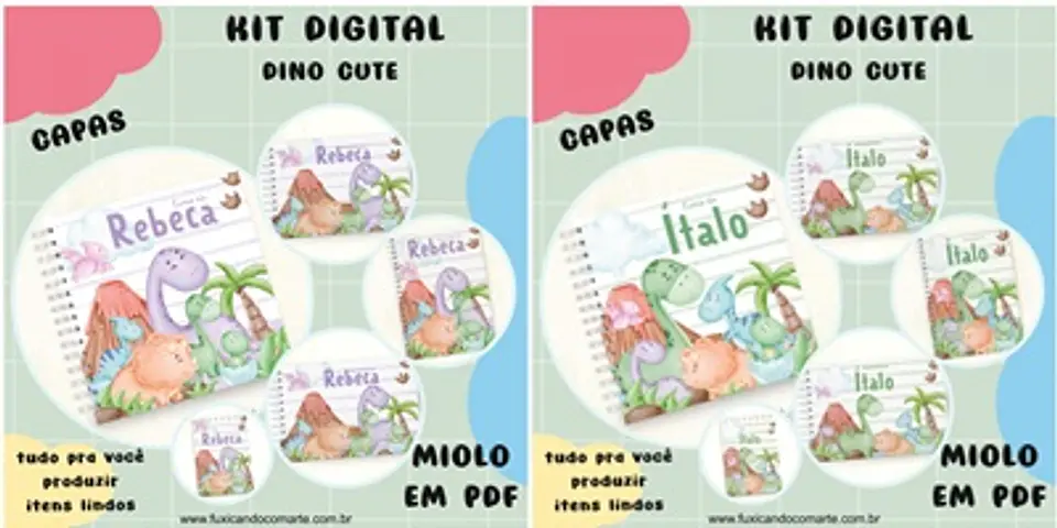 Arquivo Kit Encadernação Baby Dinossauro Cute Verde e Lilás - Fuxicando com Arte 1