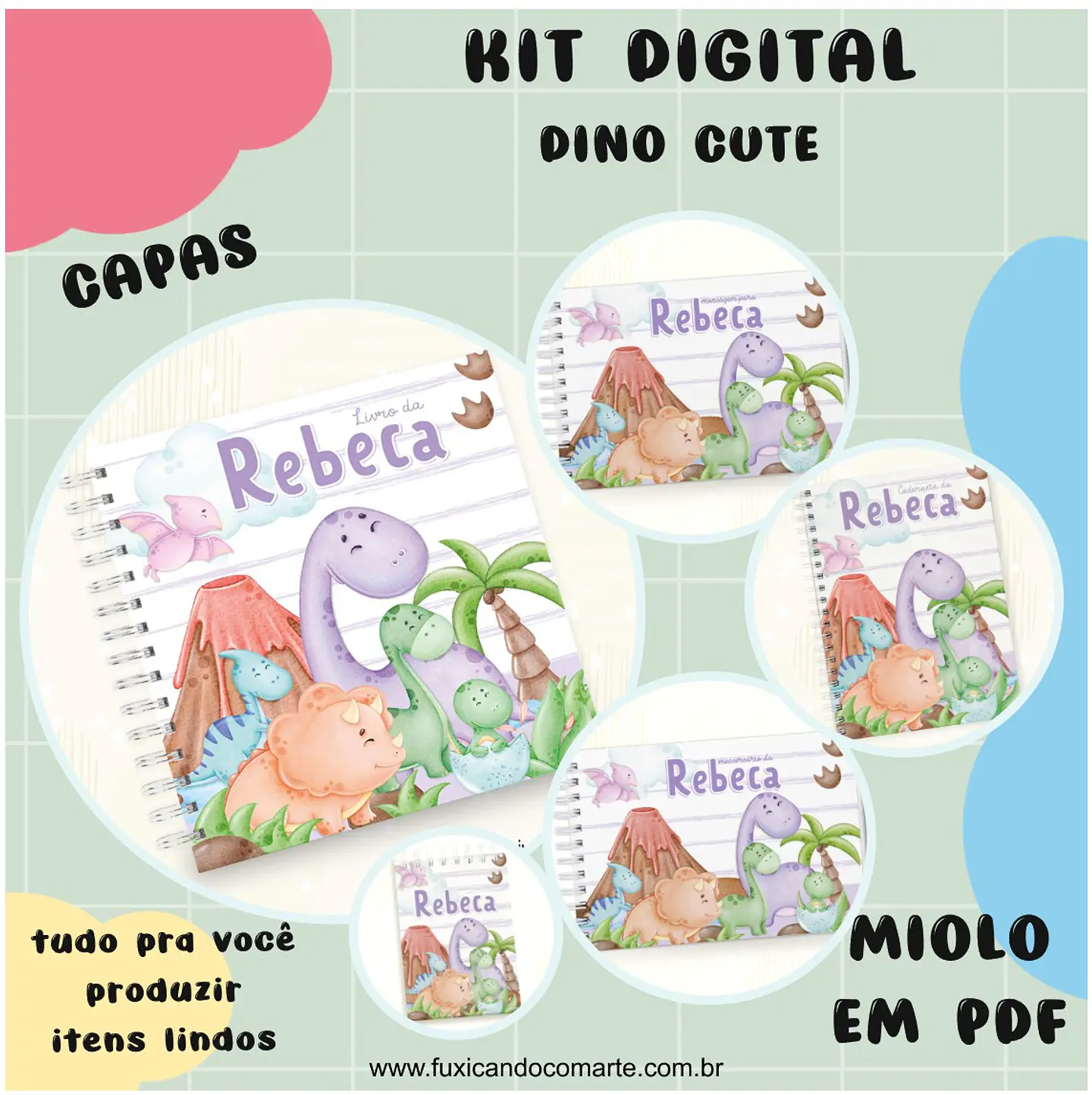 Arquivo Kit Encadernação Baby Dinossauro Cute Verde e Lilás - Fuxicando com Arte 2