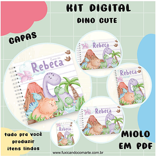 Arquivo Kit Encadernação Baby Dinossauro Cute Verde e Lilás - Fuxicando com Arte