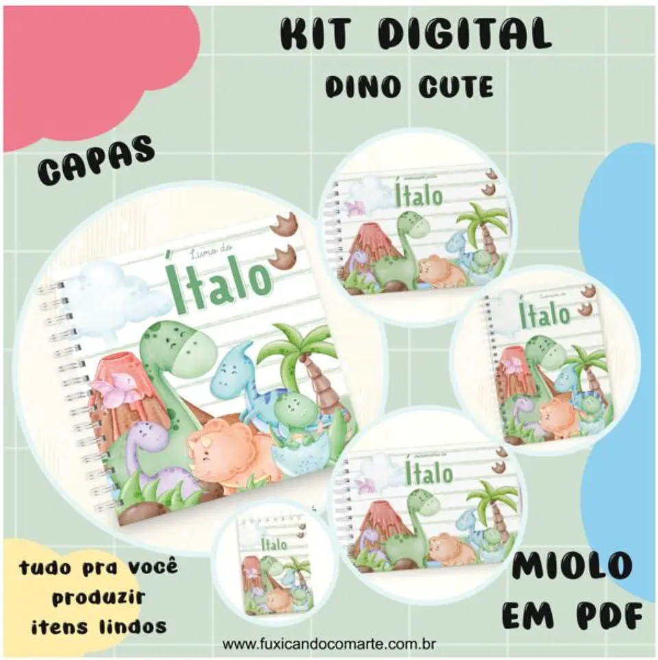 Arquivo Kit Encadernação Baby Dinossauro Cute Verde e Lilás - Fuxicando com Arte 3