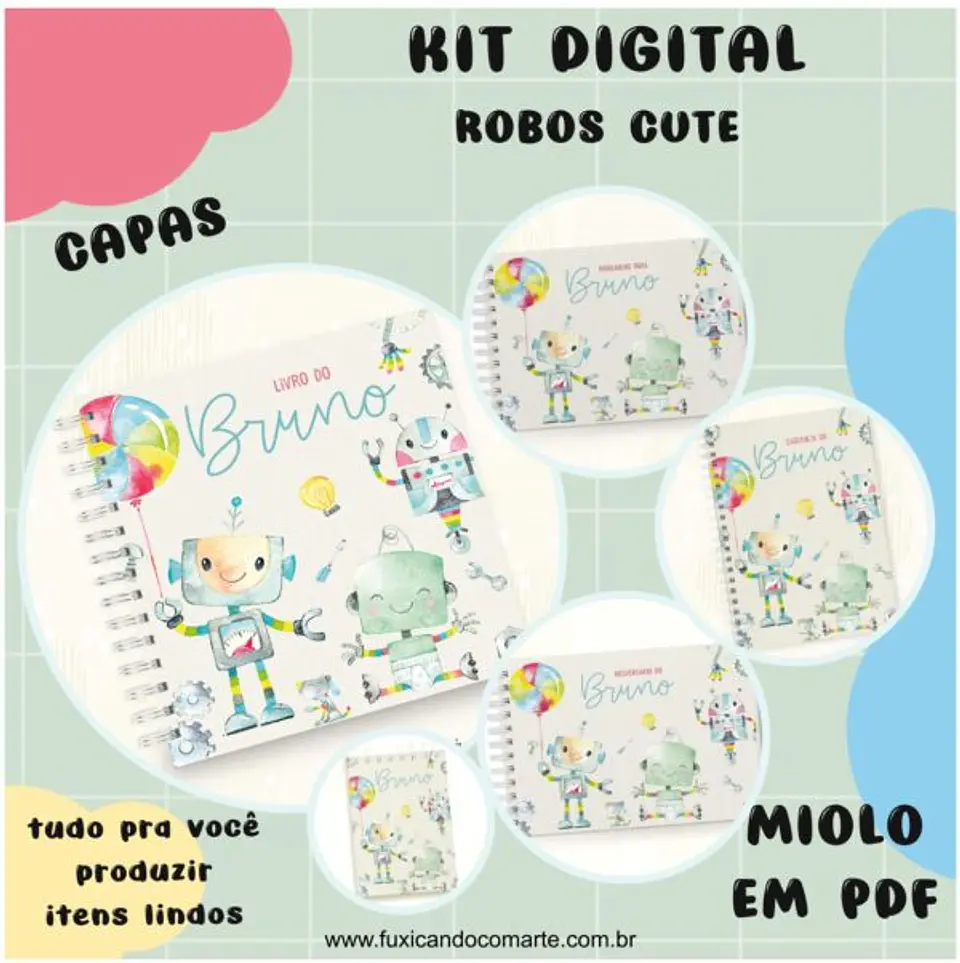 Arquivo Kit Encadernação Baby Robô Aquarela - Fuxicando com Arte 1