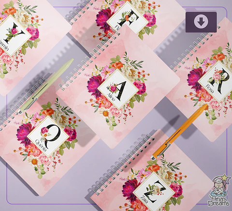 Arquivo Encadernação Caderno Alfabeto Floral