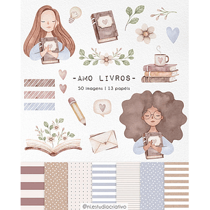 Kit Digital Papéis e Clipparts Amo Livros Aquarela - Ni Estudio