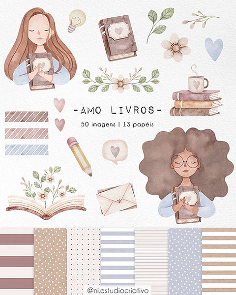 Kit Digital Papéis e Clipparts Amo Livros Aquarela - Ni Estudio