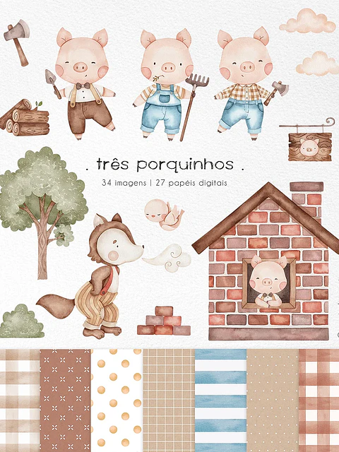 Kit Digital Três Porquinhos Aquarela e preto e branco - Ni Estudio