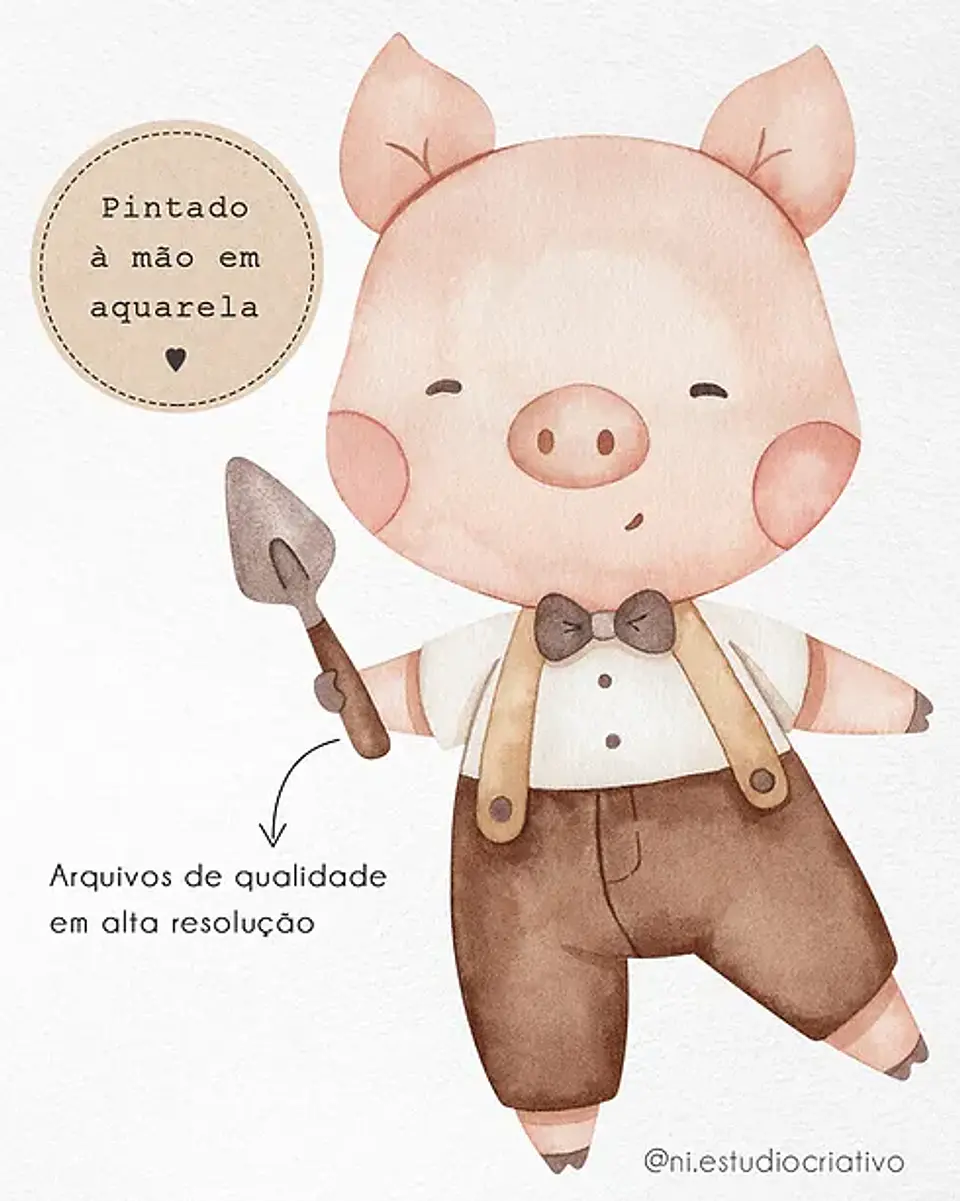 Kit Digital Três Porquinhos Aquarela e preto e branco - Ni Estudio 5
