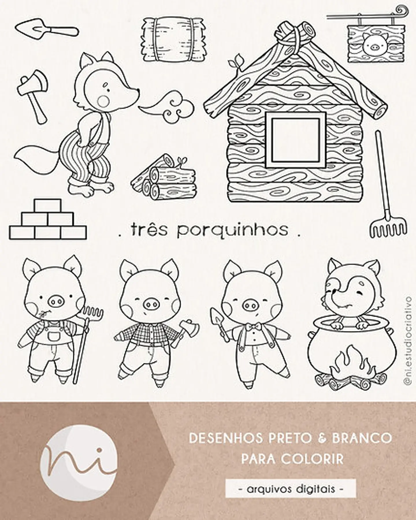 Kit Digital Três Porquinhos Aquarela e preto e branco - Ni Estudio 2
