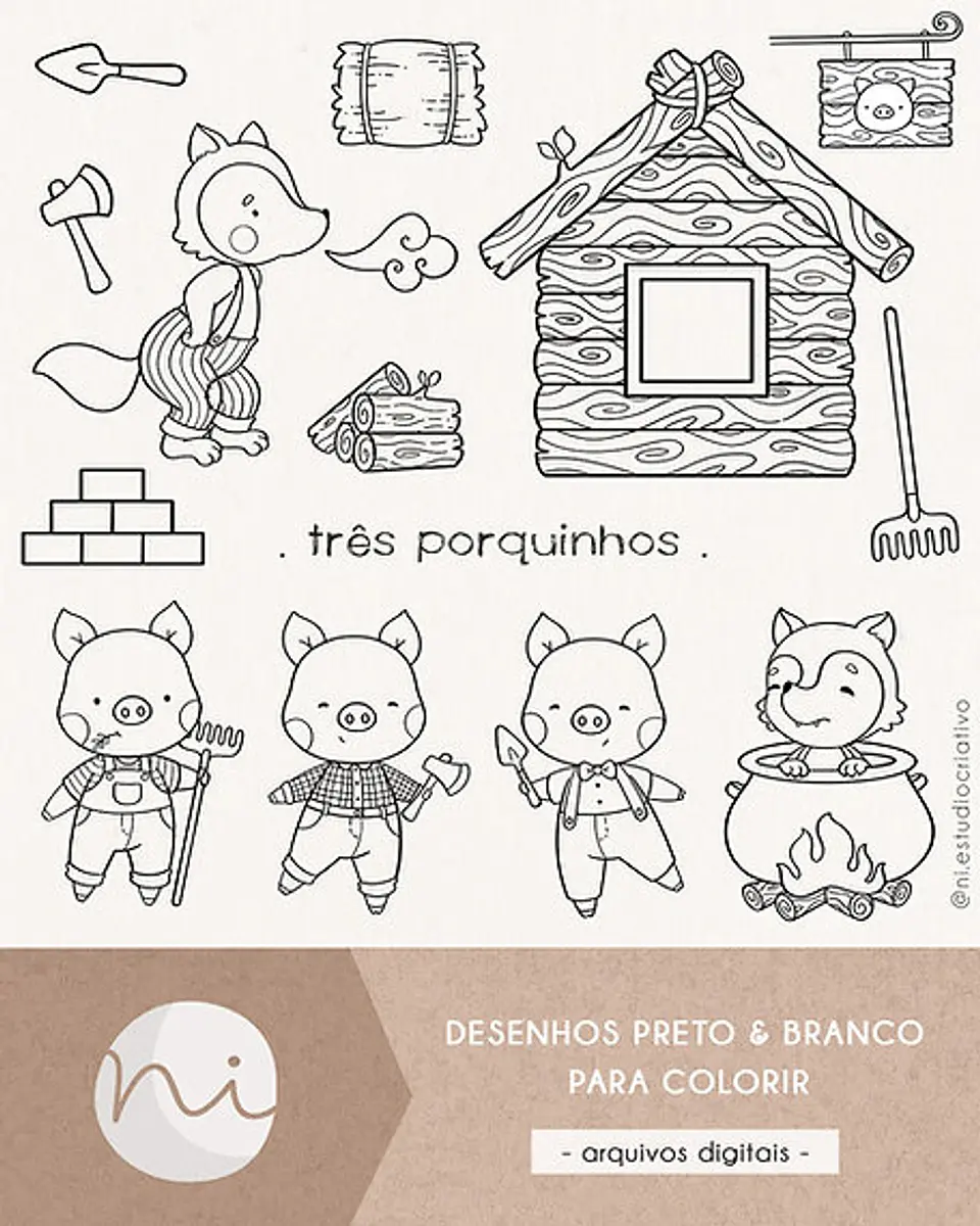 Kit Digital Três Porquinhos Aquarela e preto e branco - Ni Estudio 2