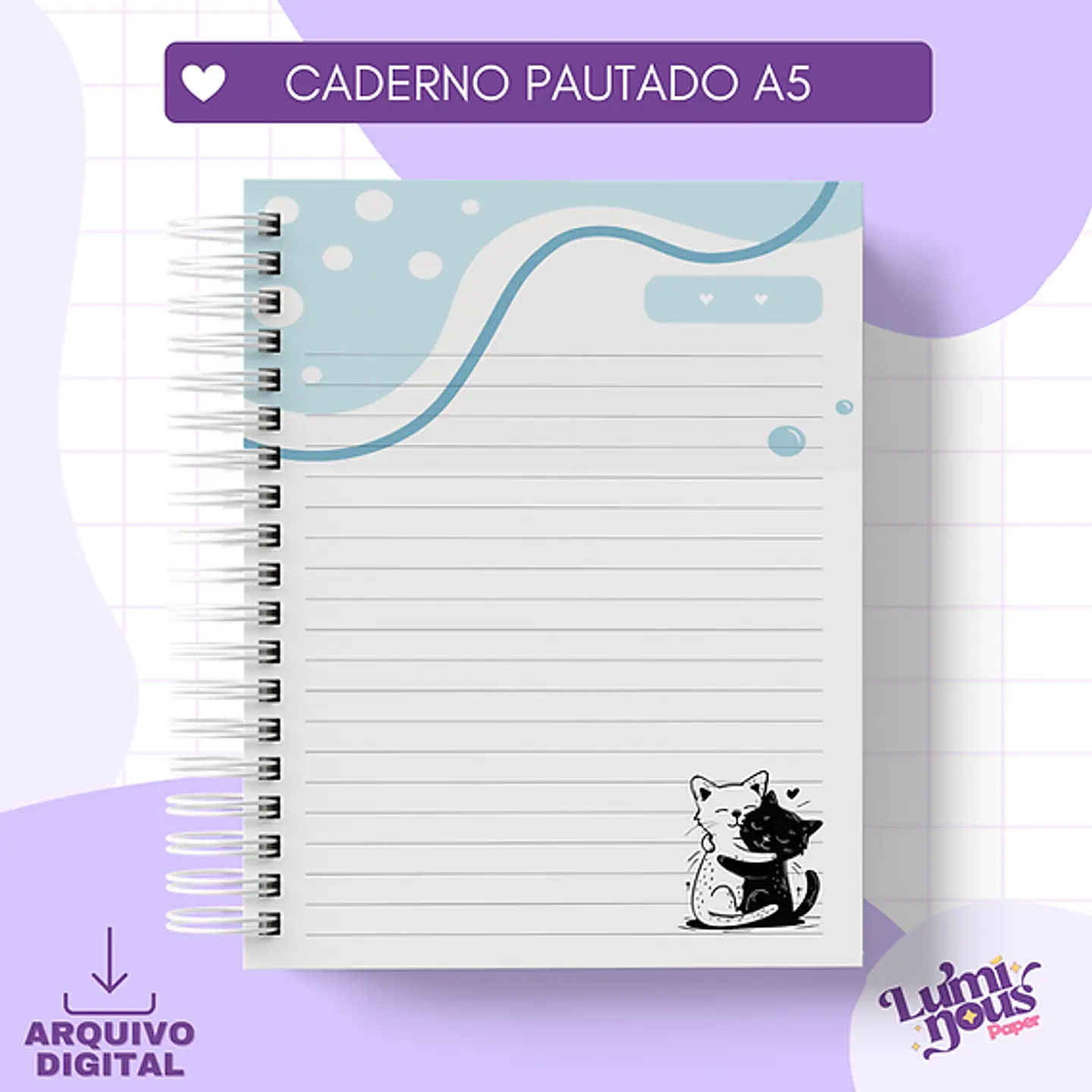 Arquivo Encadernação Caderno Pautado A5 Gatinhos - LUMINOUS 3