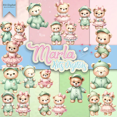 Kit Digital Chá Revelação Usinho Verde e Ursinha Rosa