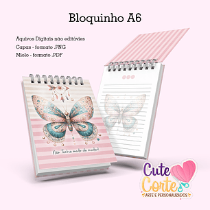 Arquivo Encadernação Borboletas Boho Caderno Pautado A5 + Bloquinho A6 - CUTE CORTE