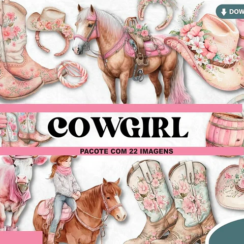 Kit Digital Cowgirl Boiadeira Floral Aquarela