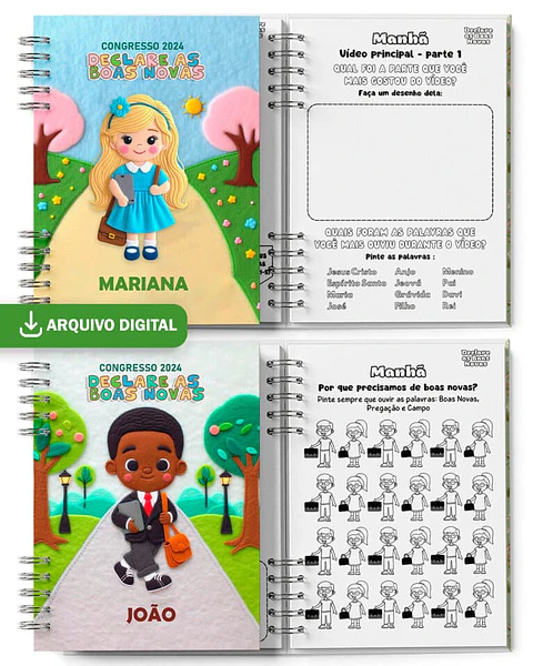 Arquivo kit Caderno Infantil Congresso Declare as Boas Novas Menino Menina - BICHO PAPEL
