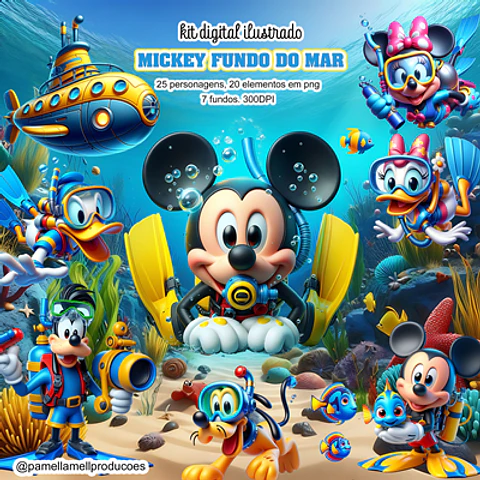 Kit Digital Mickey Fundo do Mar 3D - PAMELLA MELL
