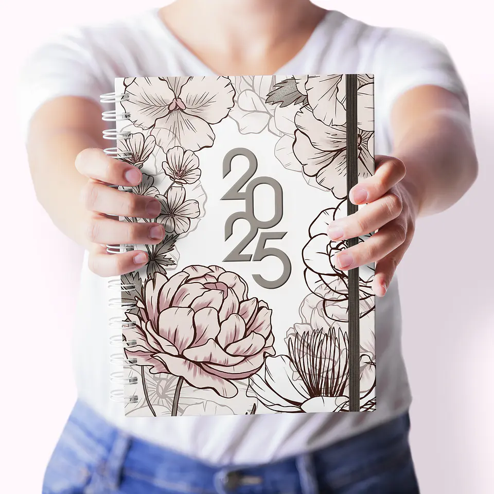 Arquivo Agenda A5 Floral – Datada 2025 – 1 DIA POR PÁGINA e 2 DIAS POR PÁGINA – ELEGANT FLOWERS (4 MIOLOS) - CUTE CORTE 1