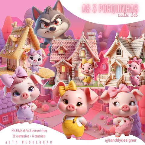 Kit Digital As Três Porquinhas Cute 3D