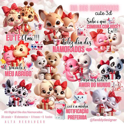Kit Digital Dia dos Namorados Bichinhos 3D