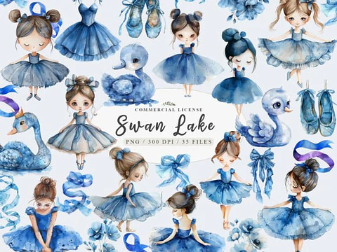 Kit Digital Bailarina Azul Aquarela