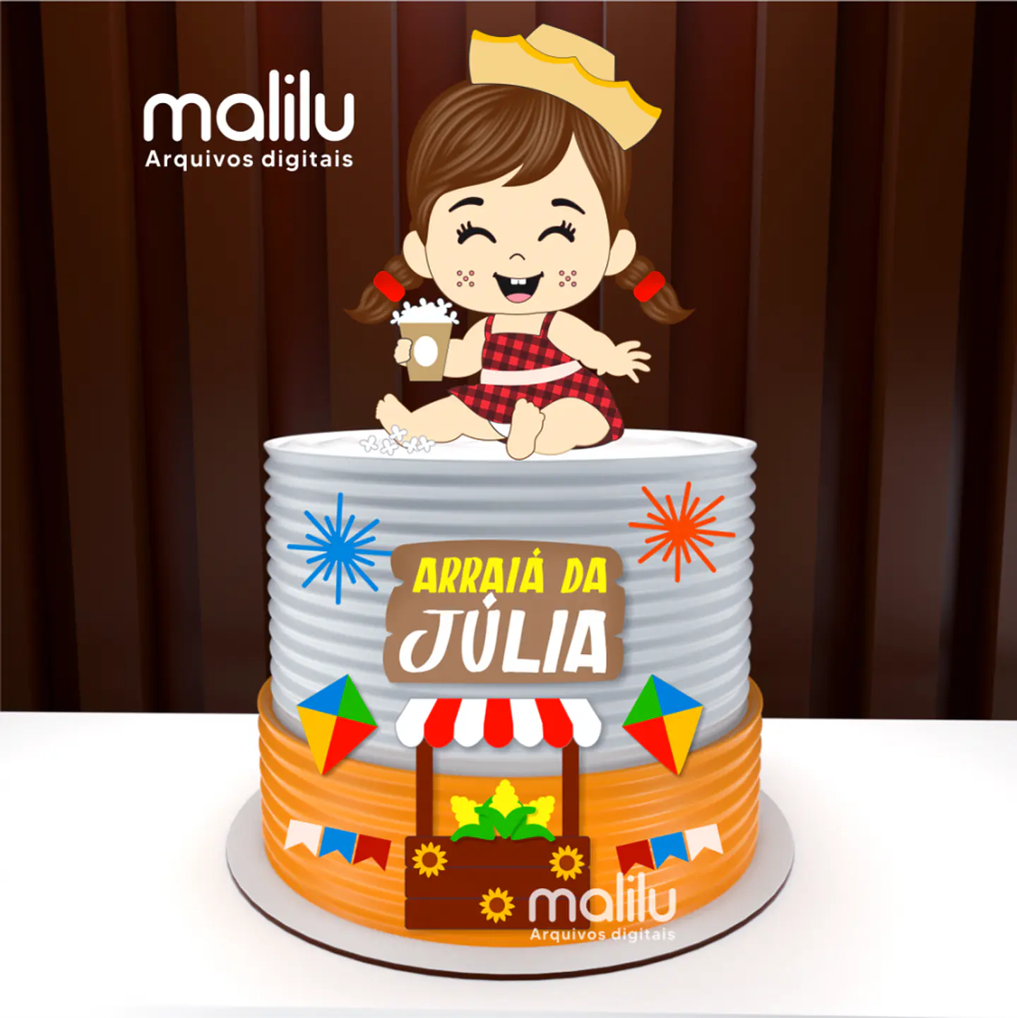 Arquivo Topo de Bolo Festa Junina Arraiá Menina Pipoca - MALILU 1